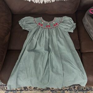 Charming Green and Red Smocked Kids Dress